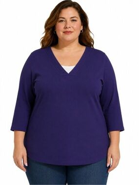 White Stag Purple & White 3/4 Sleeve V Neck Workwear Women's Size XXL Blouse
